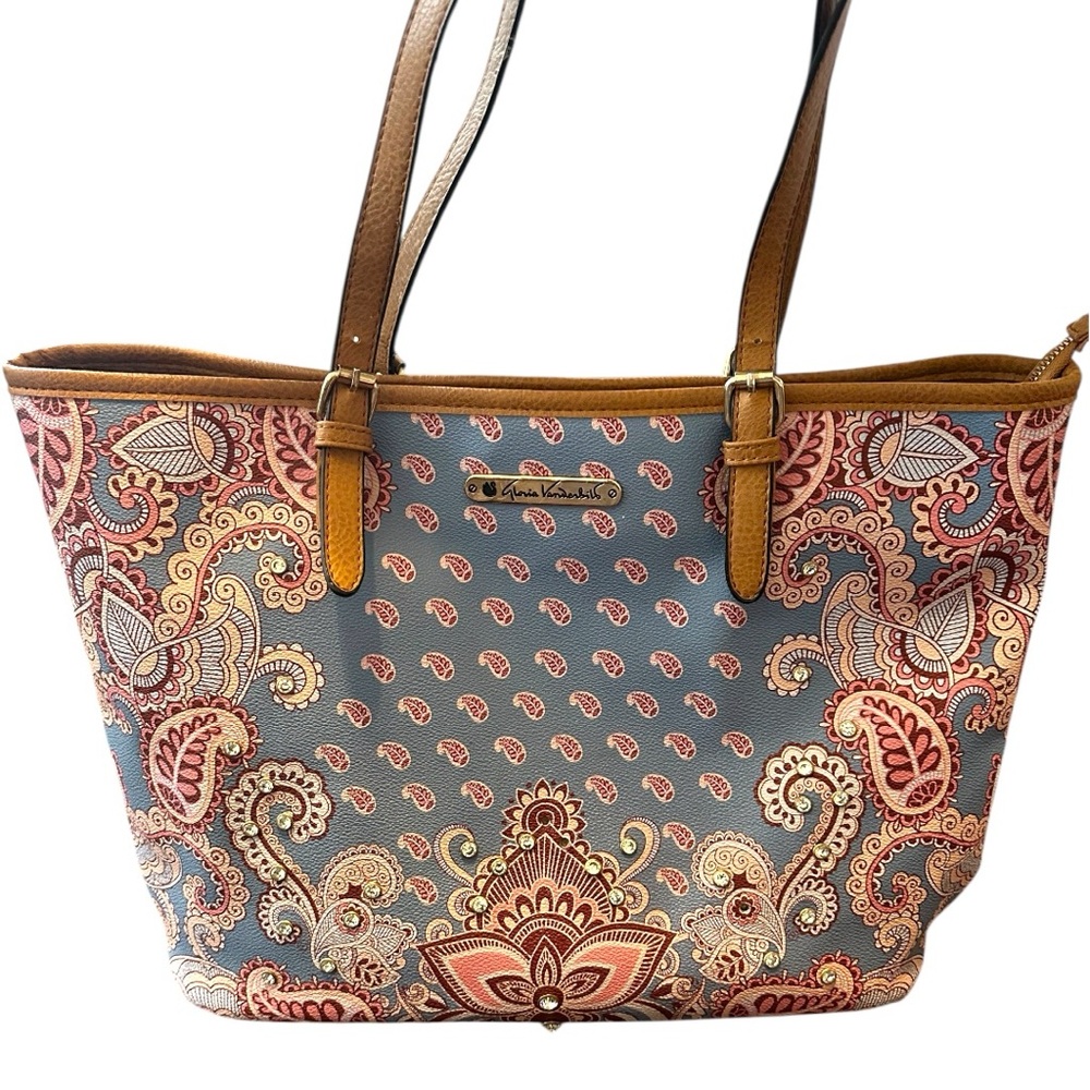 Gloria Vanderbilt Paisley Shoulder Bag, blue and pink paisley pattern, straps